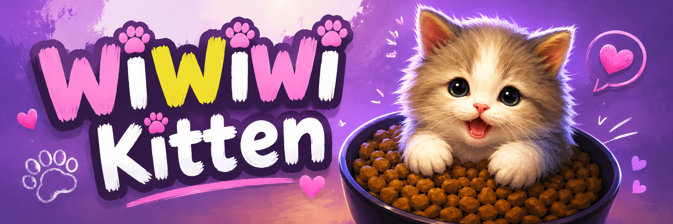 Wi Wi Wi Kitten banner featuring the kitten in a bowl with playful doodles